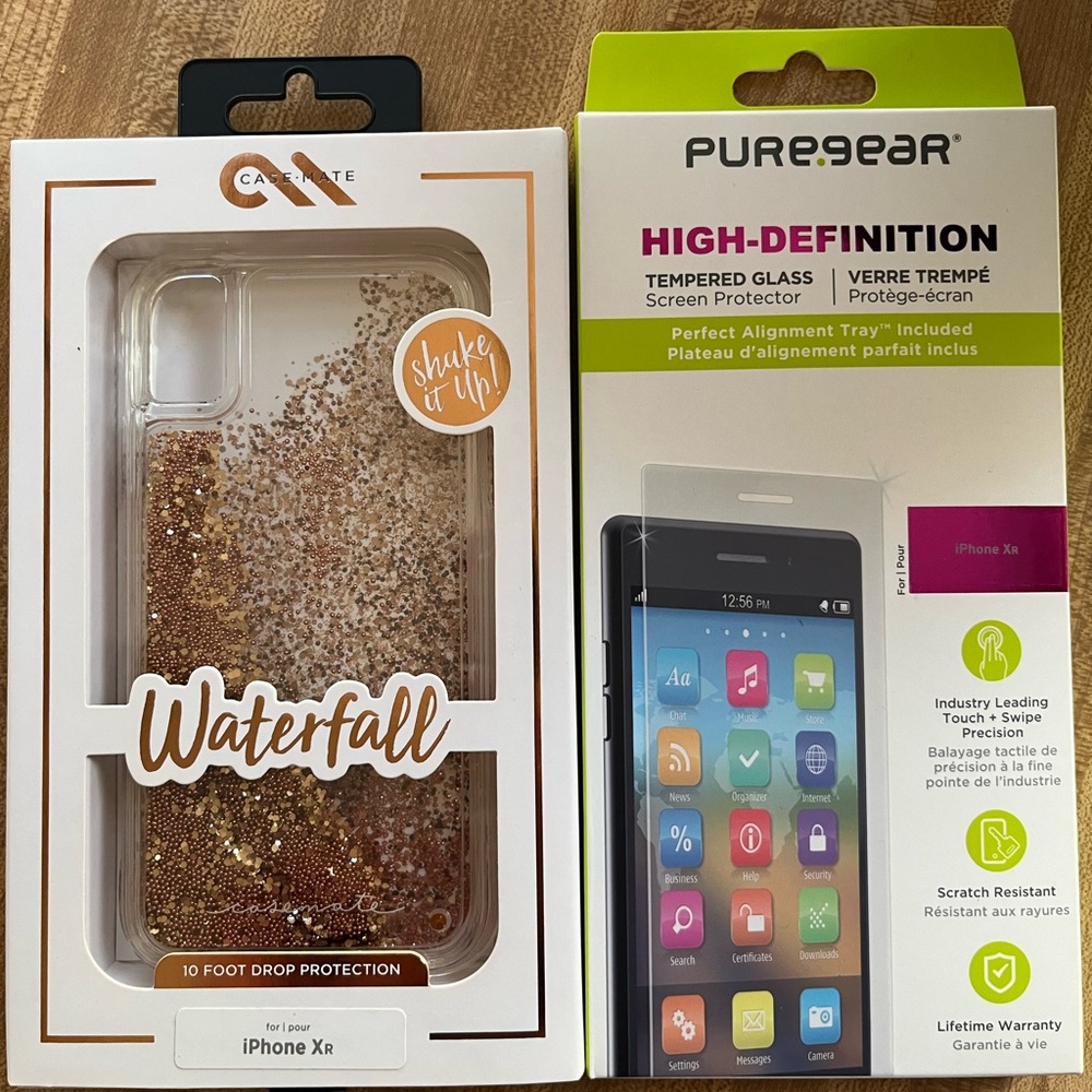 Case-Mate Waterfall iPhone Xr Case - Gold & Screen Protector